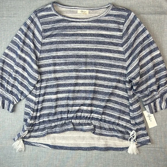 Style & Co Blue & White Stripe Drawstring Hem Sweatshirt Top Size Medium - Picture 2 of 5